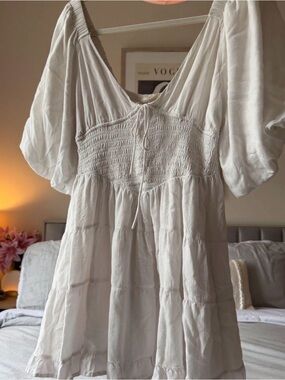Millibon Cream Smocked V-Neck Puff Sleeve Tiered Mini Dress